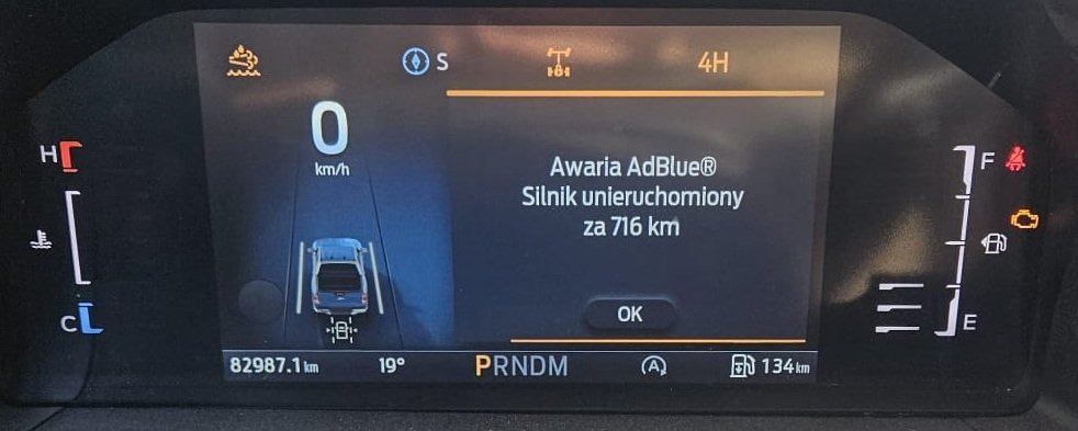 Awaria AdBlue — komunikat o unieruchomieniu silnika (samochód osobowy)