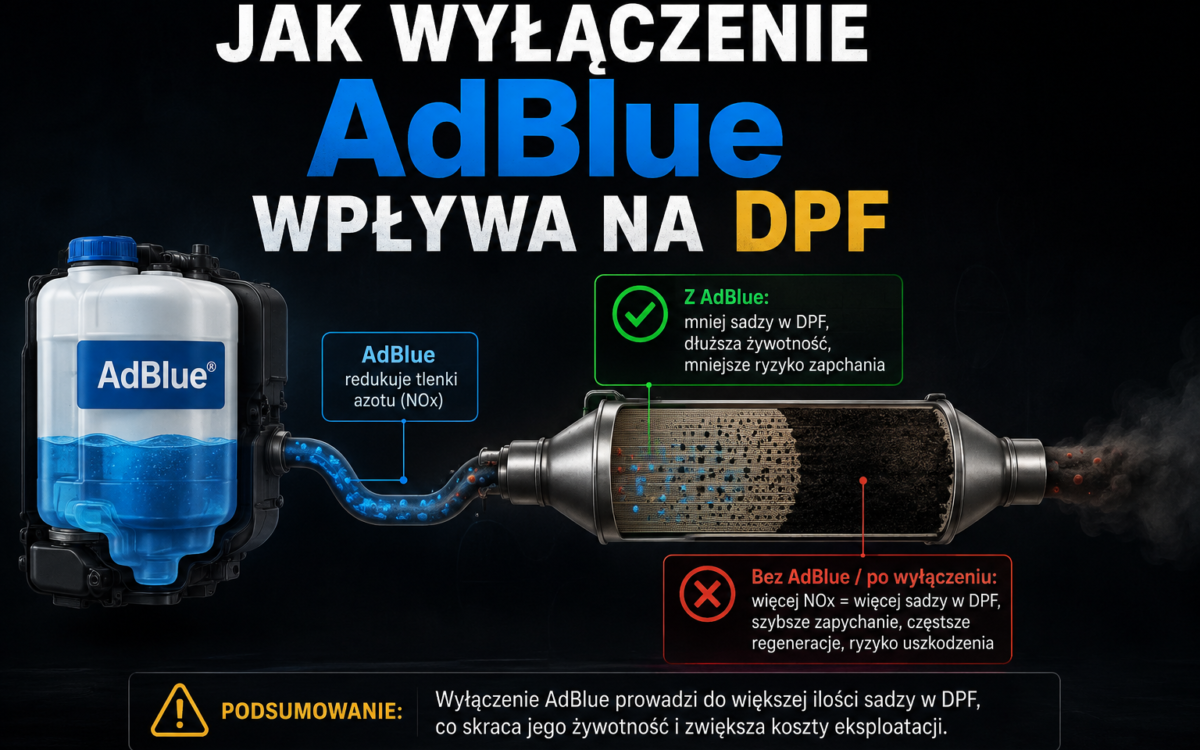 Schemat układu AdBlue SCR i filtra DPF w silniku diesla ilustrujący, czy wyłączenie AdBlue ma wpływ na DPF