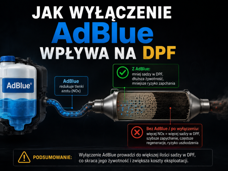Schemat układu AdBlue SCR i filtra DPF w silniku diesla ilustrujący, czy wyłączenie AdBlue ma wpływ na DPF